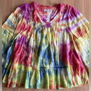 Loft Rainbow Tie Dyed Peasant Top Wmns XXL Swiss Dot Artsy Boho Hippie Festival